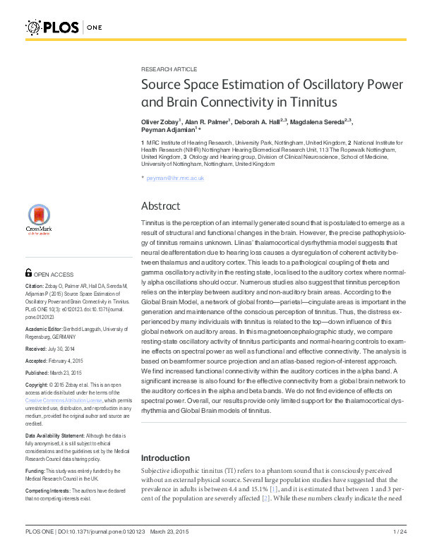 Source space estimation of oscillatory power and brain connectivity in tinnitus Thumbnail