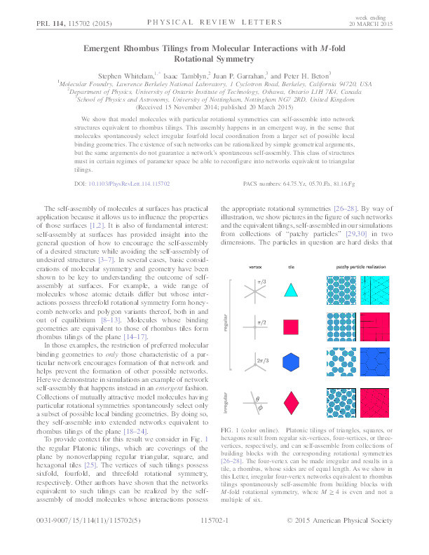 Emergent Rhombus Tilings from Molecular Interactions with M-fold Rotational Symmetry Thumbnail