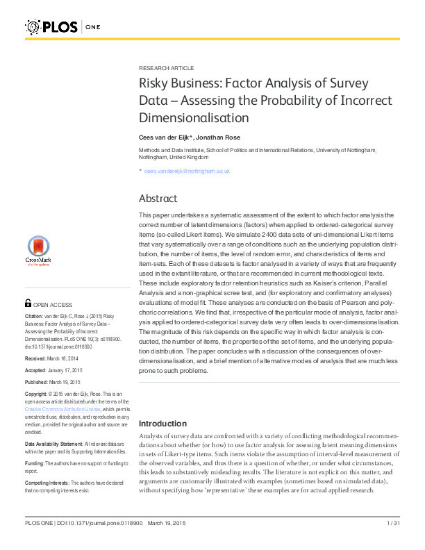 Risky business: factor analysis of survey data – assessing the probability of incorrect dimensionalisation Thumbnail