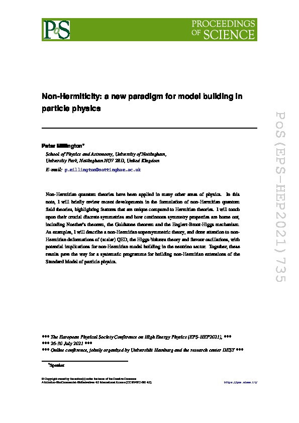 Non-Hermiticity: a new paradigm for model building in particle physics Thumbnail