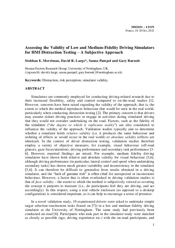 Assessing the Validity of Low and Medium-Fidelity Driving Simulators for HMI Distraction Testing – A Subjective Approach Thumbnail