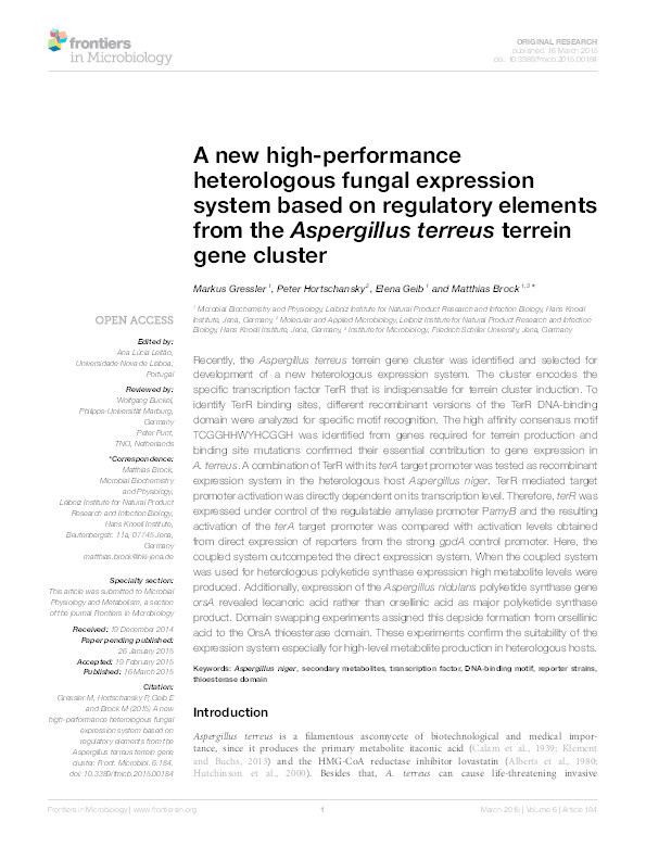 A new high-performance heterologous fungal expression system based on regulatory elements from the Aspergillus terreus terrein gene cluster Thumbnail