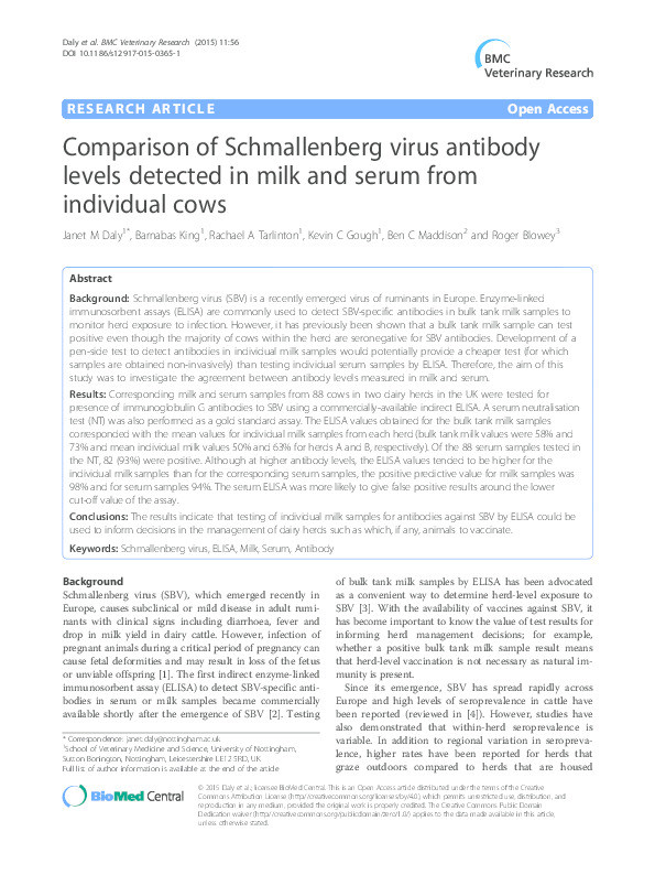 Comparison of Schmallenberg virus antibody levels detected in milk and serum from individual cows Thumbnail