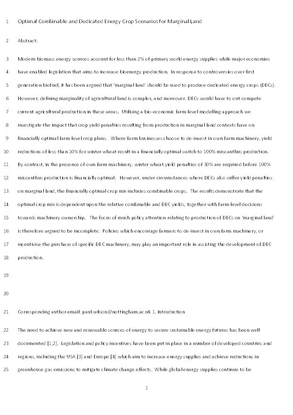 Optimal combinable and dedicated energy crop scenarios for marginal land Thumbnail