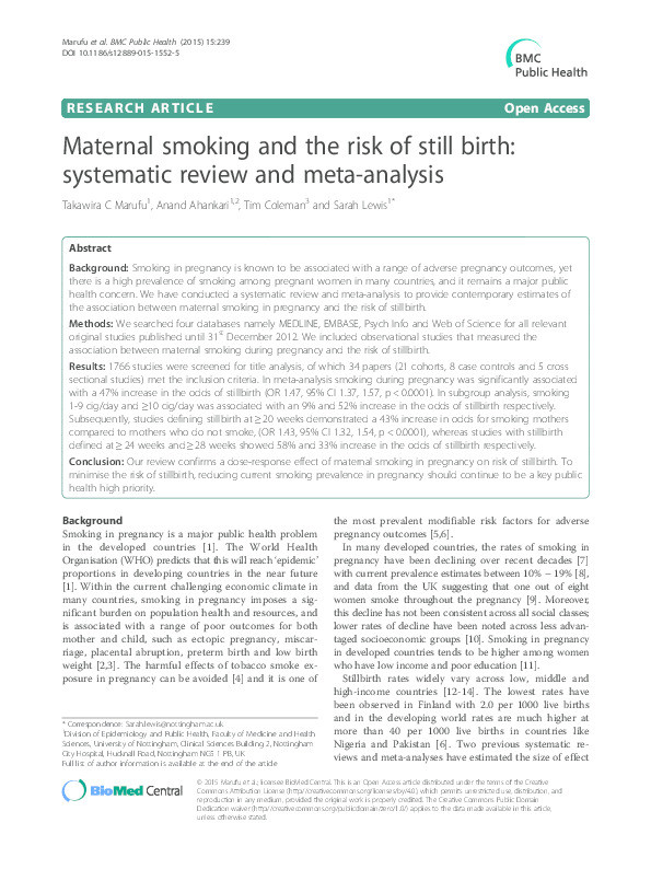 Maternal smoking and the risk of still birth: systematic review and meta-analysis Thumbnail