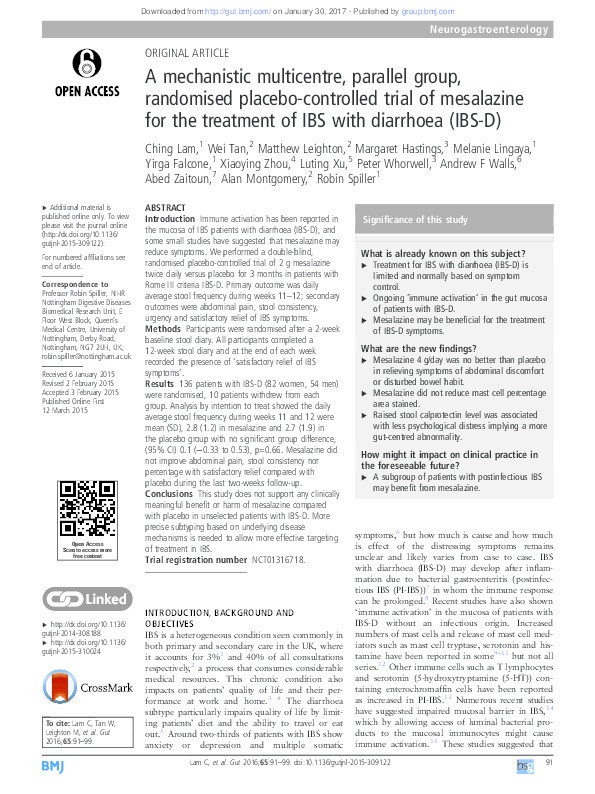 A mechanistic multi-centre, parallel group, randomised placebo controlled trial of Mesalazine for treatment of irritable bowel syndrome with diarrhoea (IBS-D) Thumbnail