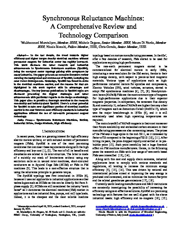 Synchronous Reluctance Machines: A Comprehensive Review and Technology Comparison Thumbnail