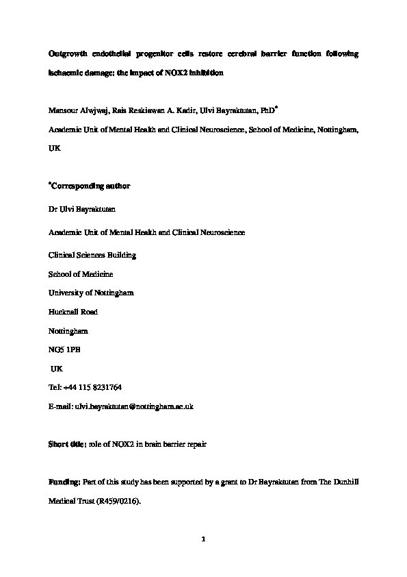 Outgrowth endothelial progenitor cells restore cerebral barrier function following ischaemic damage: the impact of NOX2 inhibition Thumbnail