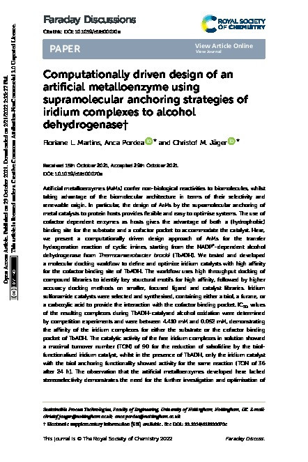 Computationally driven design of an artificial metalloenzyme using supramolecular anchoring strategies of iridium complexes to alcohol dehydrogenase Thumbnail