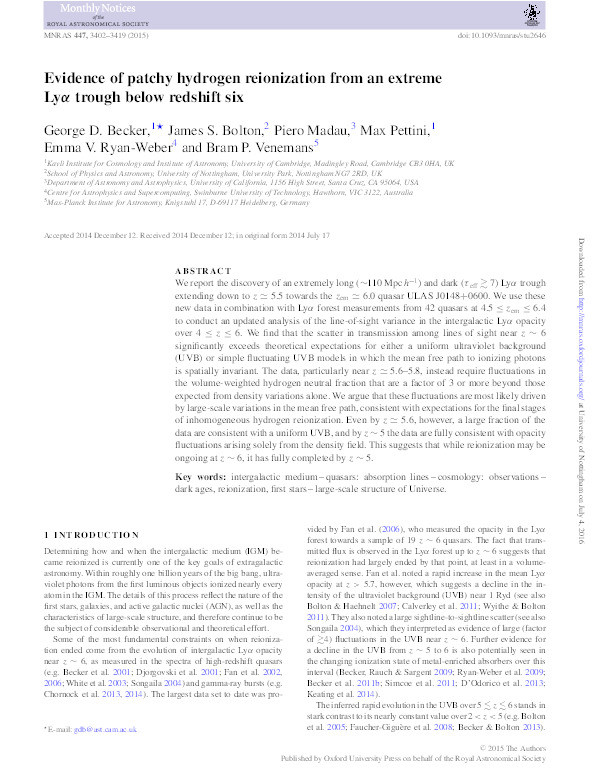 Evidence of patchy hydrogen reionization from an extreme Lyα trough below redshift six Thumbnail