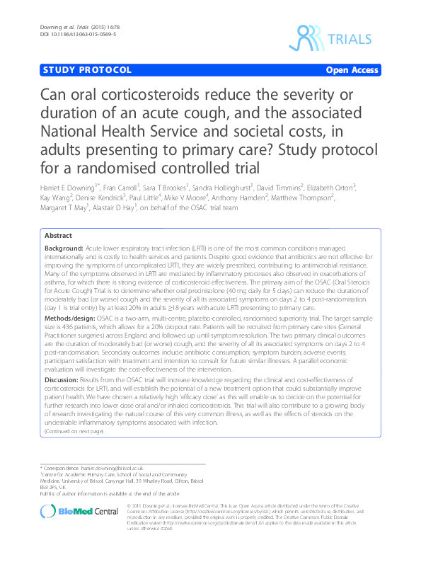 Can oral corticosteroids reduce the severity or duration of an acute cough, and the associated National Health Service and societal costs, in adults presenting to primary care?: study protocol for a randomised controlled trial Thumbnail