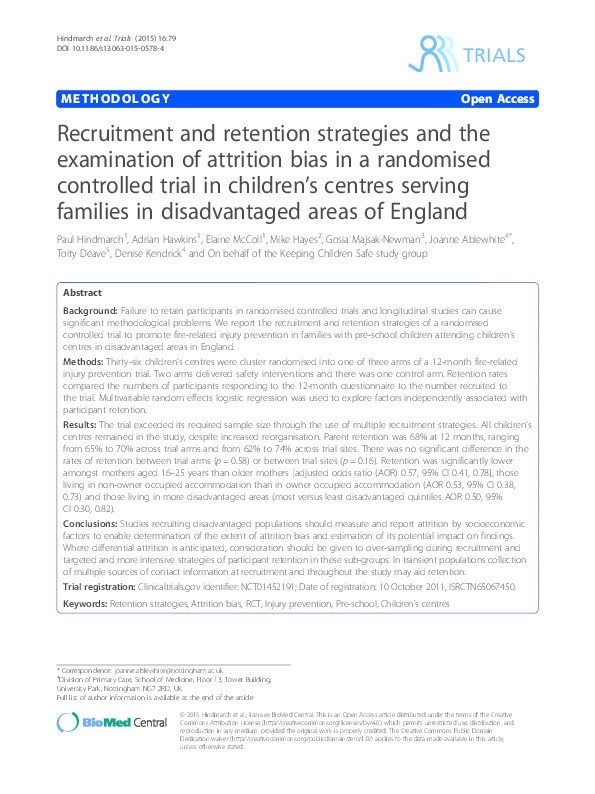 Recruitment and retention strategies and the examination of attrition bias in a randomised controlled trial in children’s centres serving families in disadvantaged areas of England Thumbnail