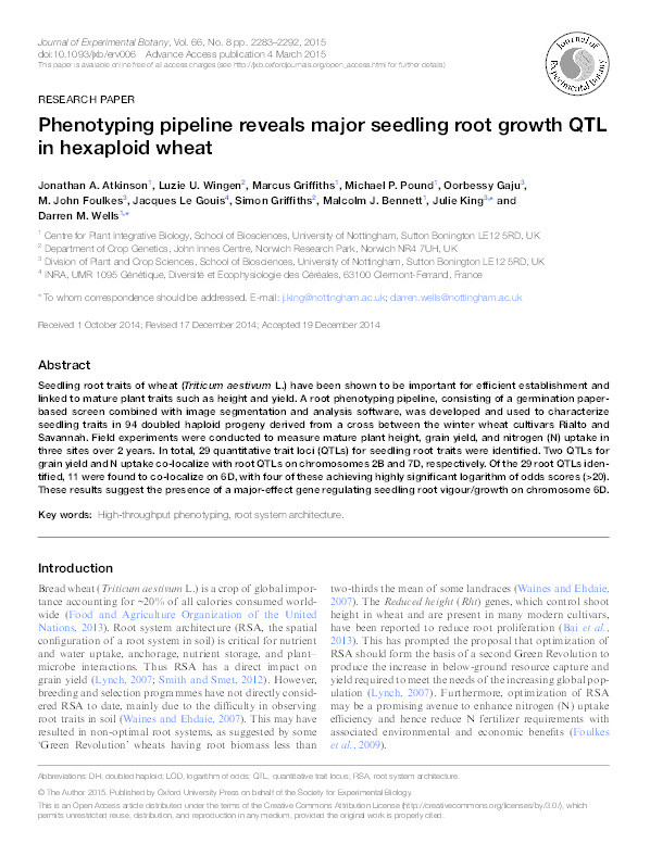 Phenotyping pipeline reveals major seedling root growth QTL in hexaploid wheat Thumbnail