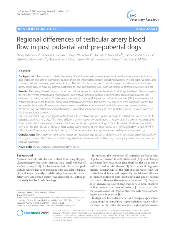 Regional differences of testicular artery blood flow in post pubertal and pre-pubertal dogs Thumbnail