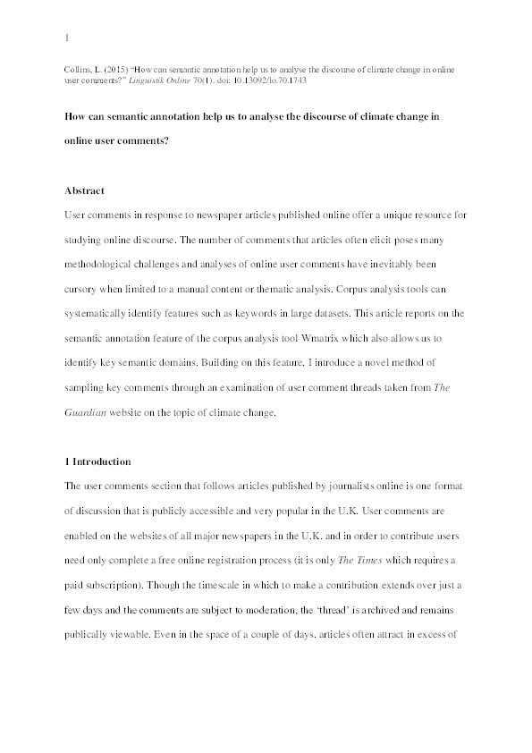 How can semantic annotation help us to analyse the discourse of climate change in online user comments? Thumbnail