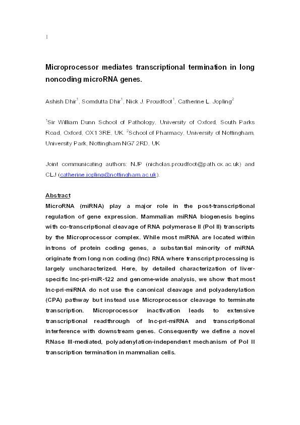 Microprocessor mediates transcriptional termination of long noncoding RNA transcripts hosting microRNAs Thumbnail