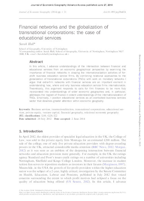 Financial networks and the globalization of transnational corporations: the case of educational services Thumbnail