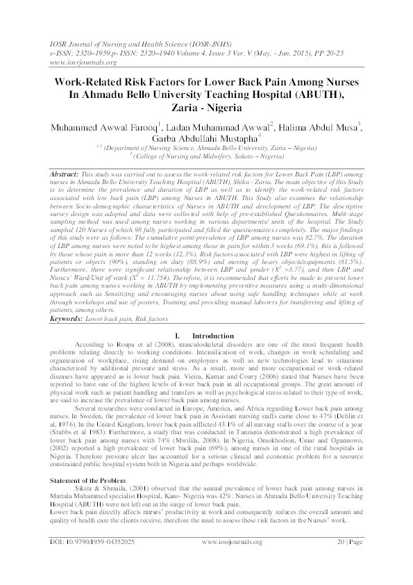 Work related risk factors for lower back pain among nurses in Ahmadu Bello University Teaching Hospital (ABUTH), Zaria-Nigeria Thumbnail