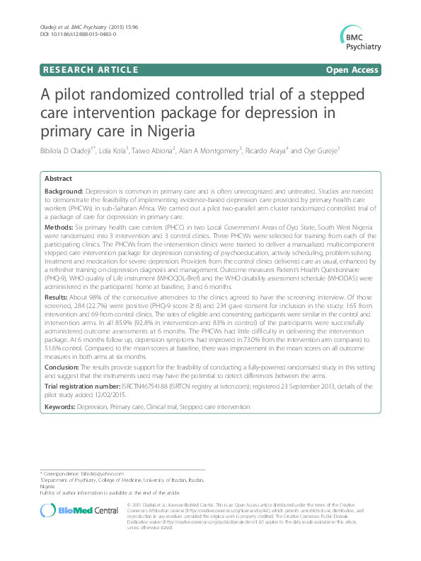 A pilot randomized controlled trial of a stepped care intervention package for depression in primary care in Nigeria Thumbnail