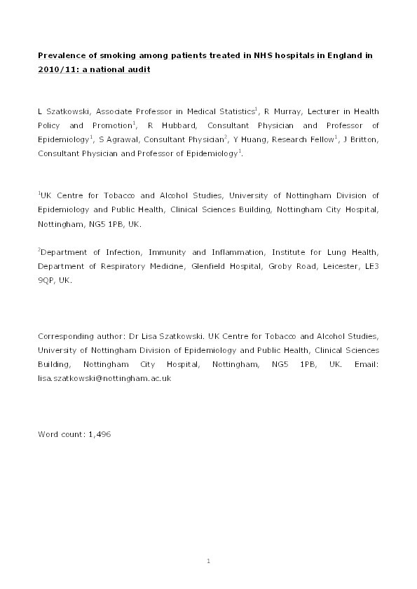 Prevalence of smoking among patients treated in NHS hospitals in England in 2010/11: a national audit Thumbnail