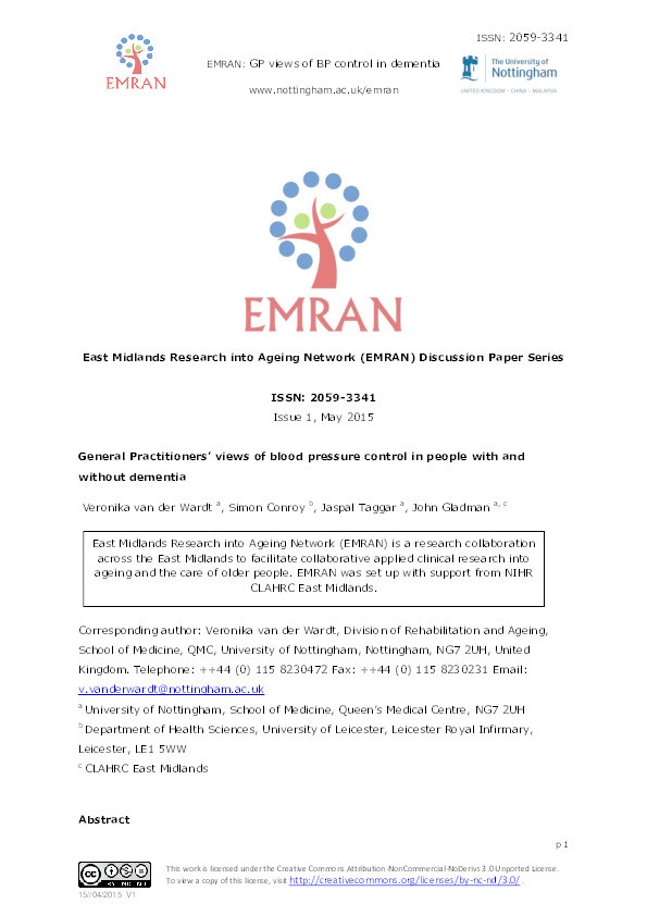 General Practitioners’ views of blood pressure control in people with and without dementia Thumbnail