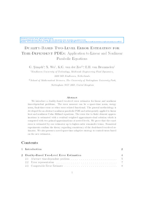 Duality-based two-level error estimation for time-dependent PDEs: application to linear and nonlinear parabolic equations Thumbnail