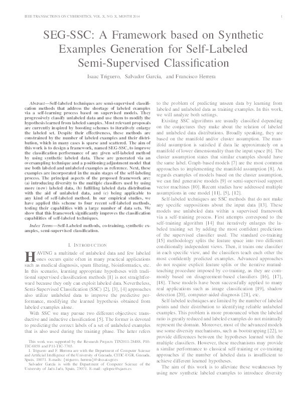 SEG-SSC: a framework based on synthetic examples generation for self-labeled semi-supervised classification Thumbnail