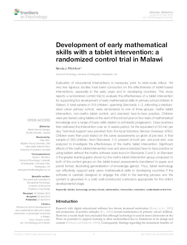 Development of early mathematical skills with a tablet intervention: a randomized control trial in Malawi Thumbnail