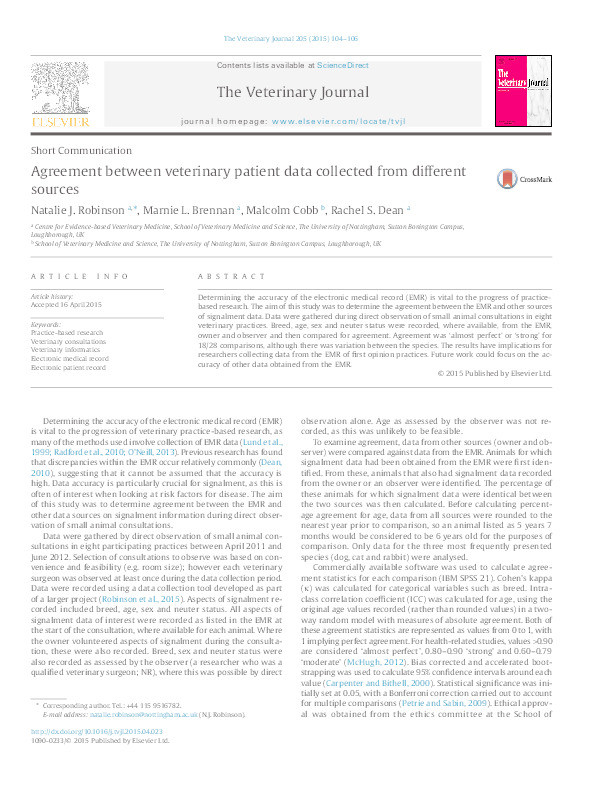 Agreement between veterinary patient data collected from different sources Thumbnail