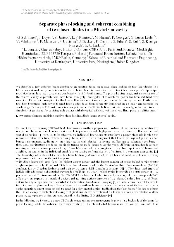 Separate phase-locking and coherent combining of two laser diodes in a Michelson cavity Thumbnail