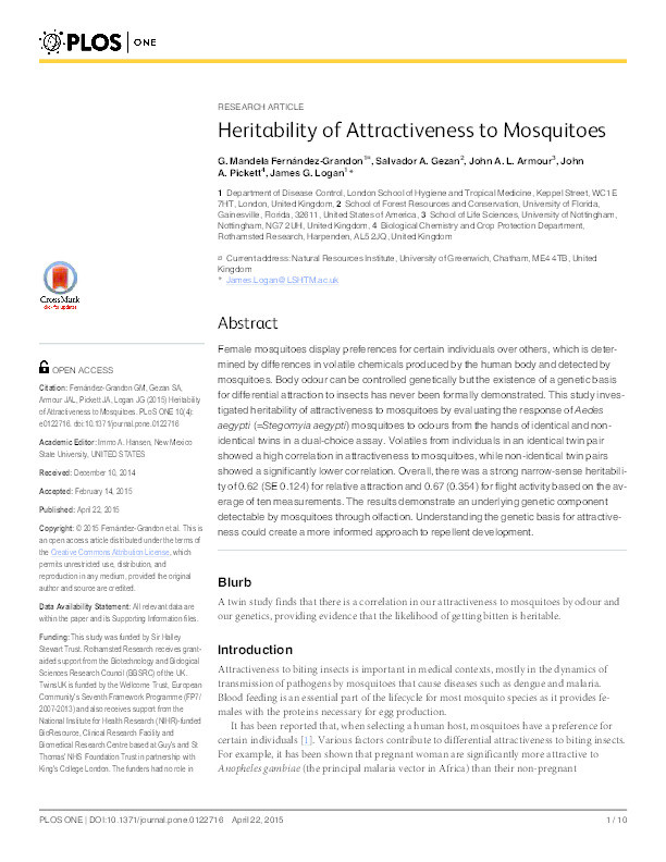 Heritability of attractiveness to mosquitoes Thumbnail