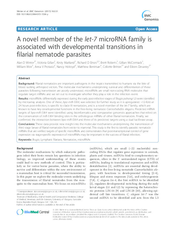 A novel member of the let-7 microRNA family is associated with developmental transitions in filarial nematode parasites Thumbnail