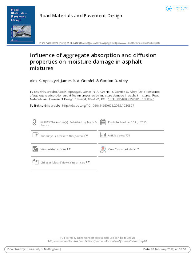 Influence of aggregate absorption and diffusion properties on moisture damage in asphalt mixtures Thumbnail