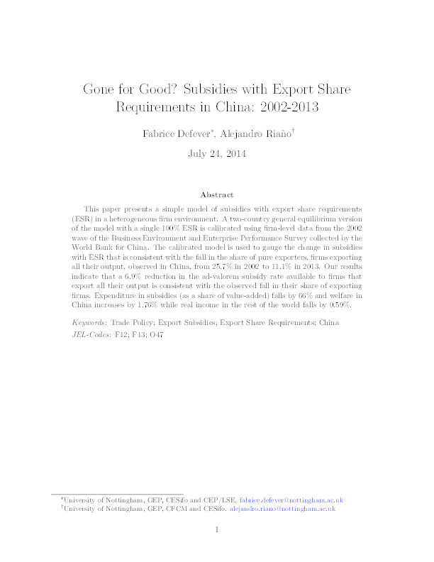 Gone for good? Subsidies with export share requirements in China: 2002–13 Thumbnail