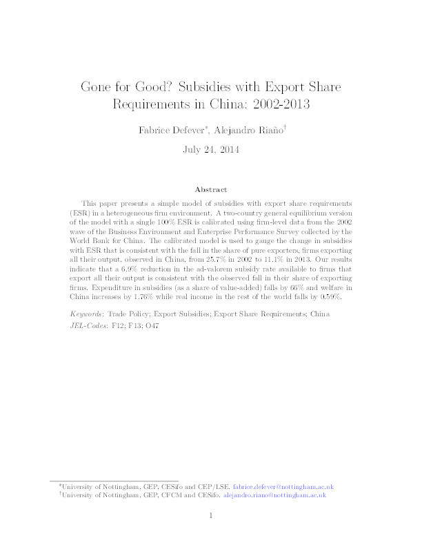 Gone for good? Subsidies with export share requirements in China: 2002–13 Thumbnail
