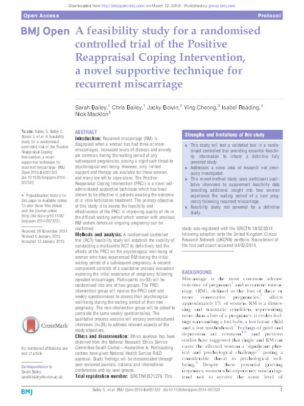 A feasibility study for a randomised controlled trial of the Positive Reappraisal Coping Intervention, a novel supportive technique for recurrent miscarriage Thumbnail