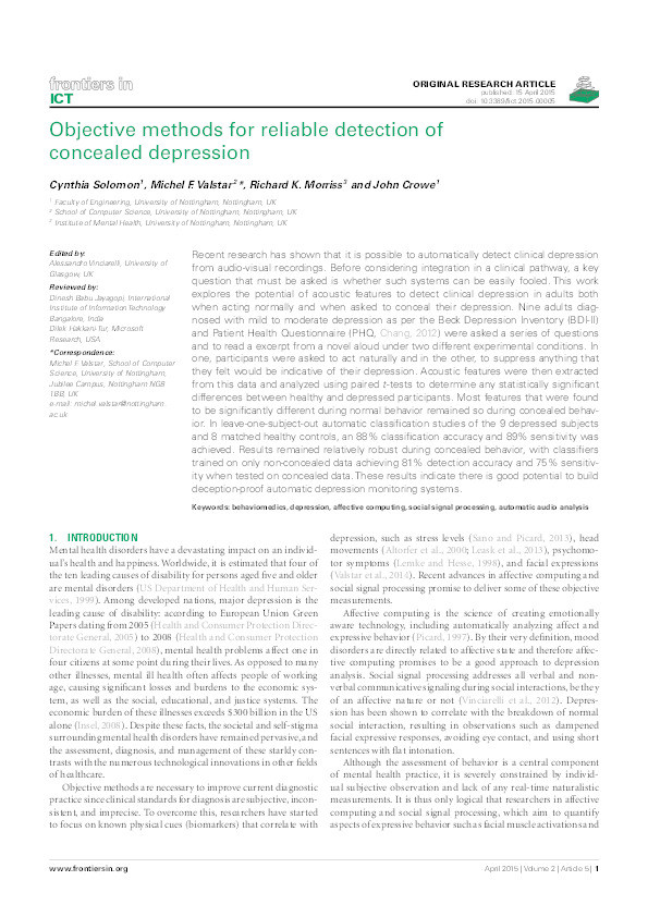 Objective methods for reliable detection of concealed depression Thumbnail