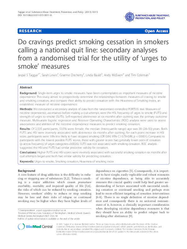 Do cravings predict smoking cessation in smokers calling a national quit line: secondary analyses from a randomised trial for the utility of ‘urges to smoke’ measures Thumbnail