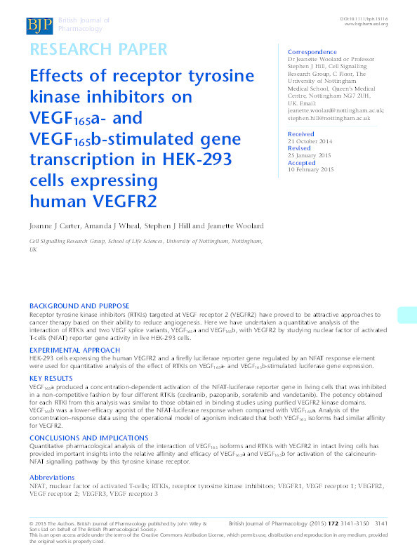 Effects of receptor tyrosine kinase inhibitors on VEGF165a- and VEGF165b-stimulated gene transcription in HEK-293 cells expressing human VEGFR2 Thumbnail
