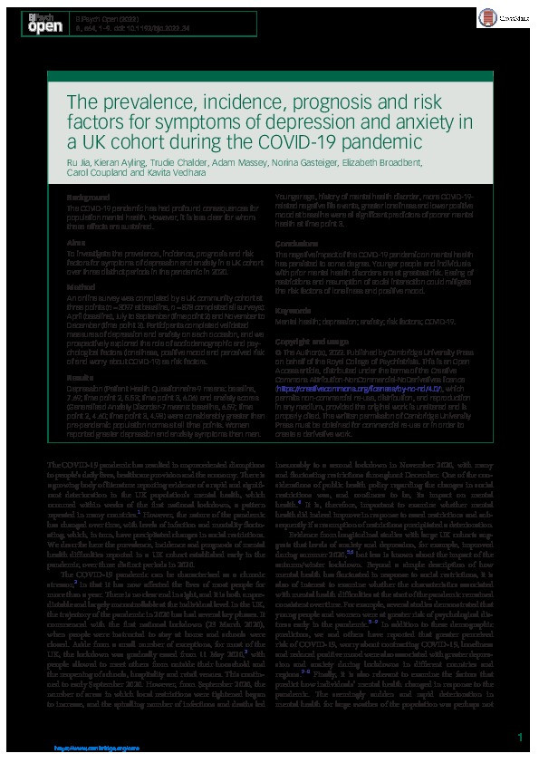 The prevalence, incidence, prognosis and risk factors for symptoms of depression and anxiety in a UK cohort during the COVID-19 pandemic Thumbnail