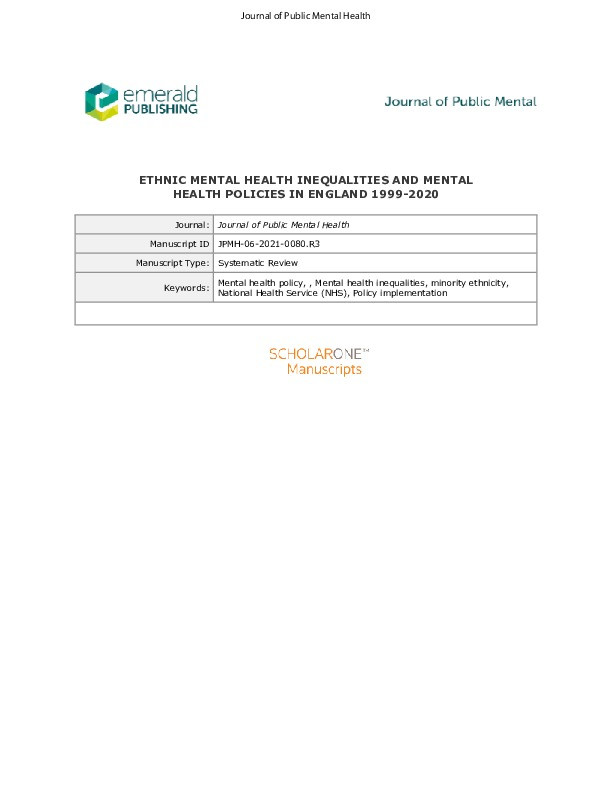 Ethnic mental health inequalities and mental health policies in England 1999-2020 Thumbnail