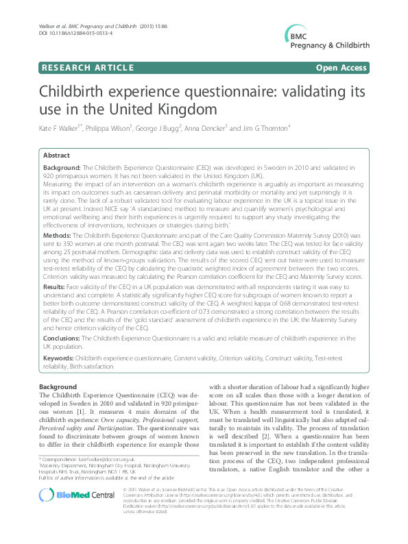 Childbirth experience questionnaire: validating its use in the United Kingdom Thumbnail
