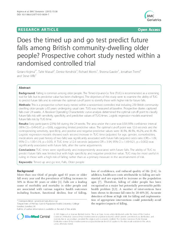 Does the timed up and go test predict future falls among British community-dwelling older people? Prospective cohort study nested within a randomised controlled trial Thumbnail