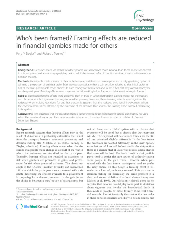 Who’s been framed? Framing effects are reduced in financial gambles made for others Thumbnail