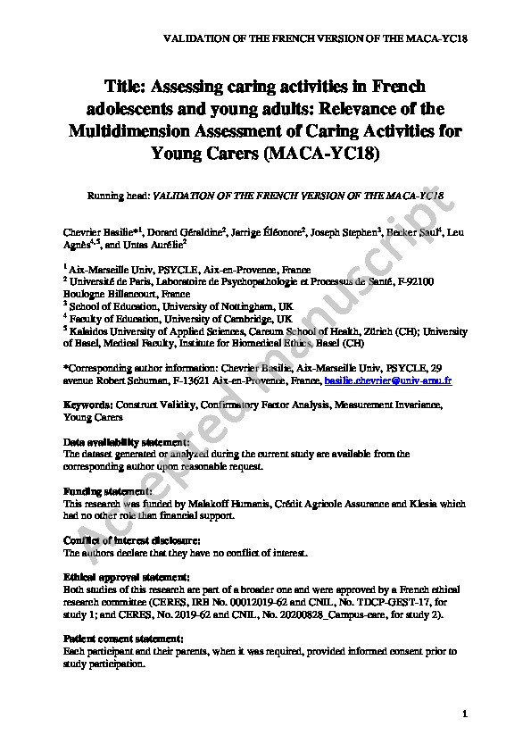 Assessing caring activities in French adolescents and young adults: Relevance of the Multidimension Assessment of Caring Activities for Young Carers (MACA-YC18) Thumbnail
