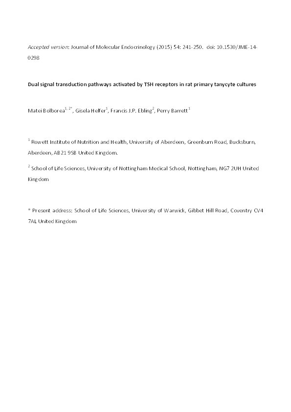 Dual signal transduction pathways activated by TSH receptors in rat primary tanycyte cultures Thumbnail