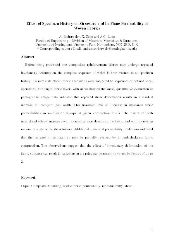 Effect of specimen history on structure and in-plane permeability of woven fabrics Thumbnail