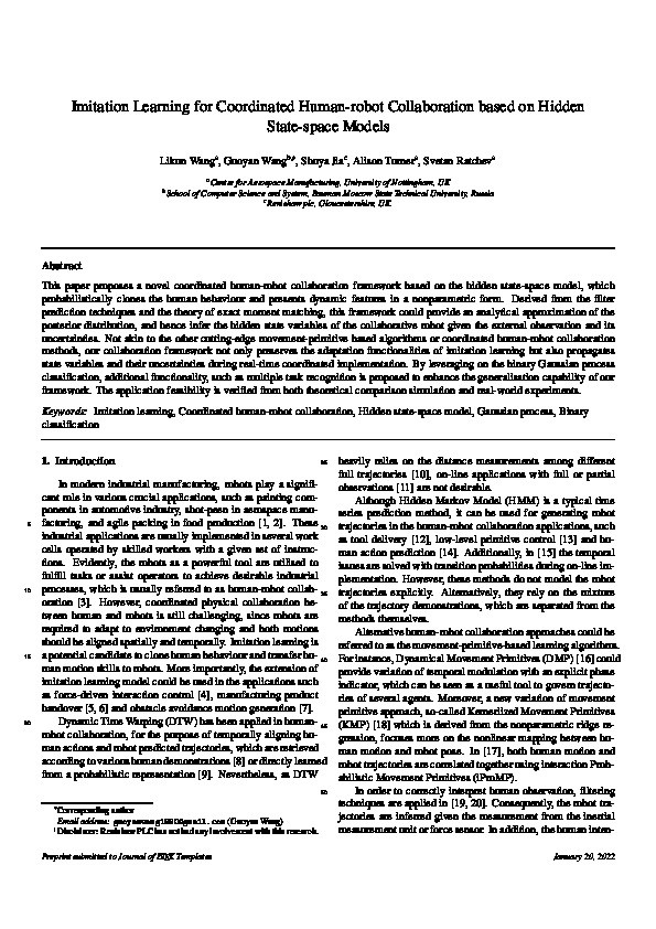 Imitation learning for coordinated human–robot collaboration based on hidden state-space models Thumbnail