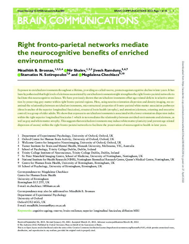 Right fronto-parietal networks mediate the neurocognitive benefits of enriched environments Thumbnail