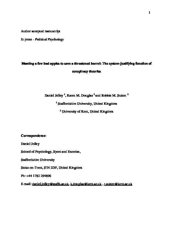 Blaming a Few Bad Apples to Save a Threatened Barrel: The System-Justifying Function of Conspiracy Theories: System-Justifying Function of Conspiracy Theories Thumbnail